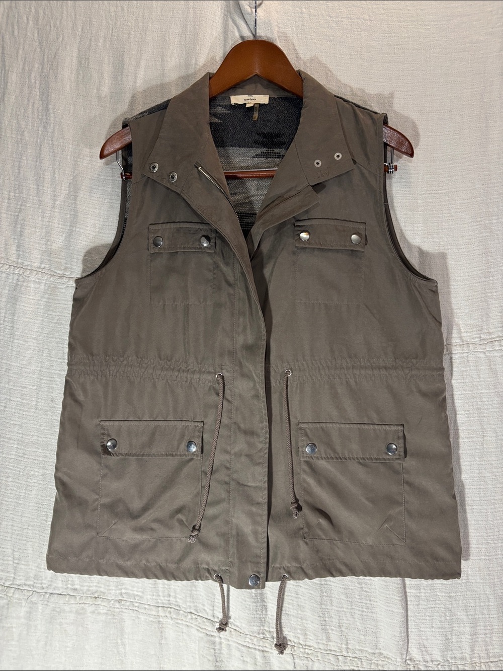 Entro Olive Green Utility Vest Aztec Southwestern Wool Blend Back Size Large EUC